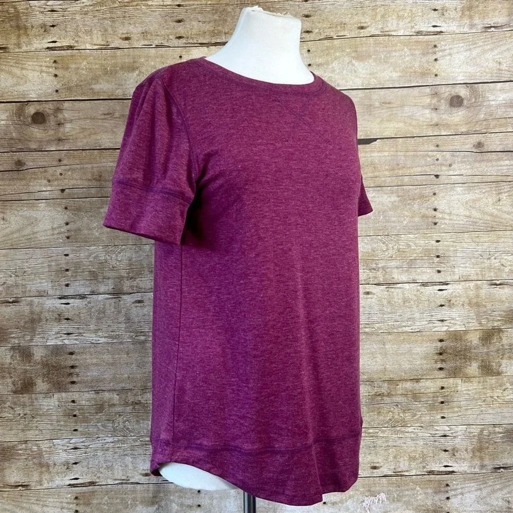 Unbranded Women Heathered Burgundy Short‎ Sleeve Pullover Top Curved Hem Size S